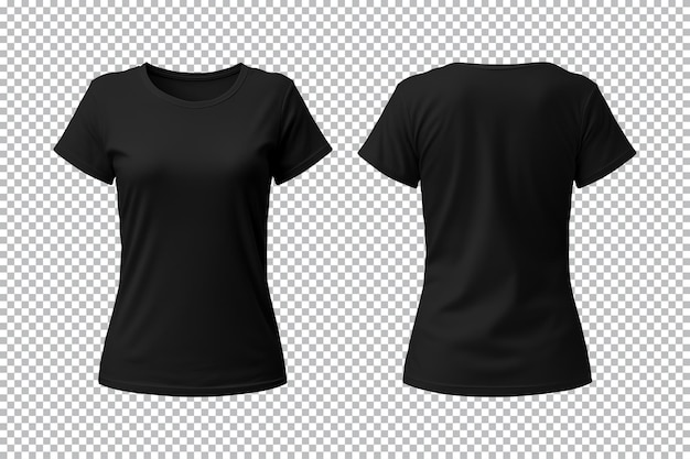 Realistic set of female black tshirts mockup front and back view isolated on transparent background