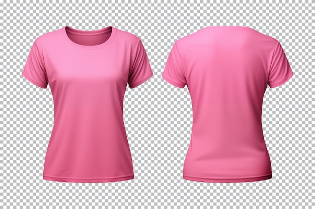 Realistic set of female pink tshirts mockup front and back view isolated on transparent background