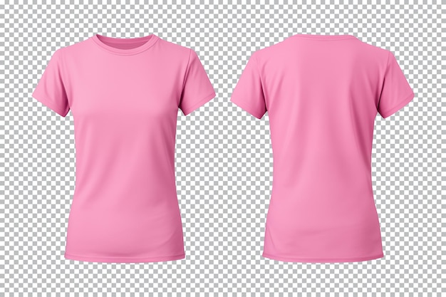 PSD realistic set of female pink tshirts mockup front and back view isolated on transparent background