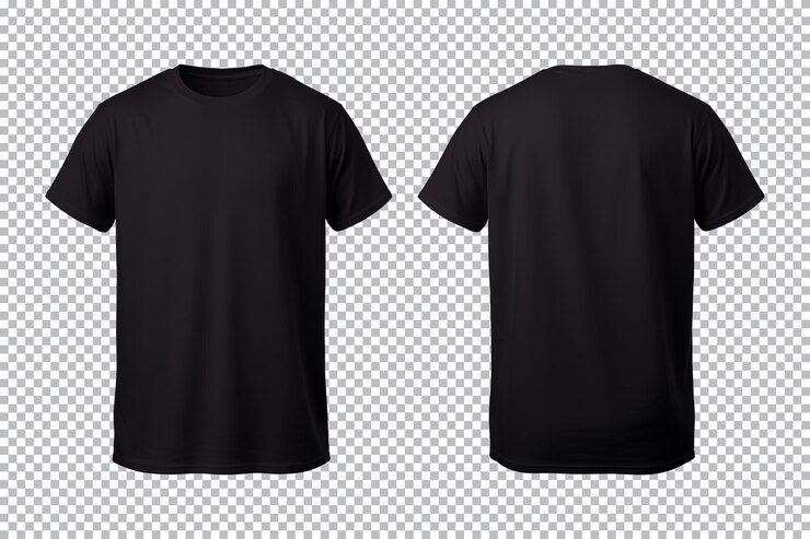 PSD realistic set of male black tshirt mockup front and back views isolated on a transparent background