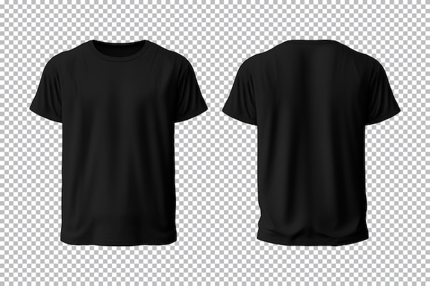 Realistic set of male black tshirts mockup front and back view isolated on a transparent background