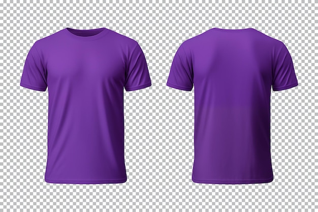 Realistic set of male purple tshirts mockup front and back view isolated on transparent background