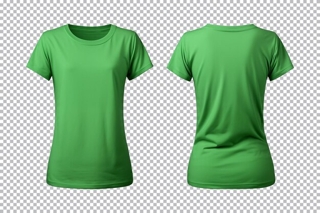 PSD Реалистичный набор женских зеленых футболок, макет спереди и сзади, изолированный на прозрачном фоне