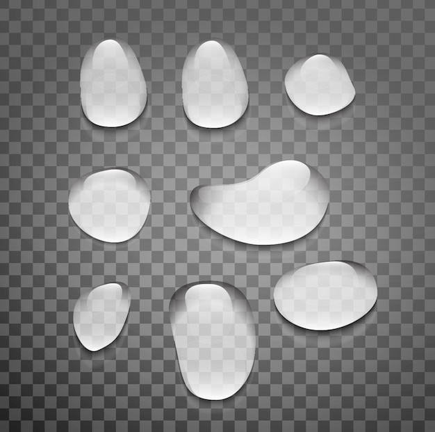 realistic set of liquid droplet different shapes pure aqua flows clear water dew or condensation