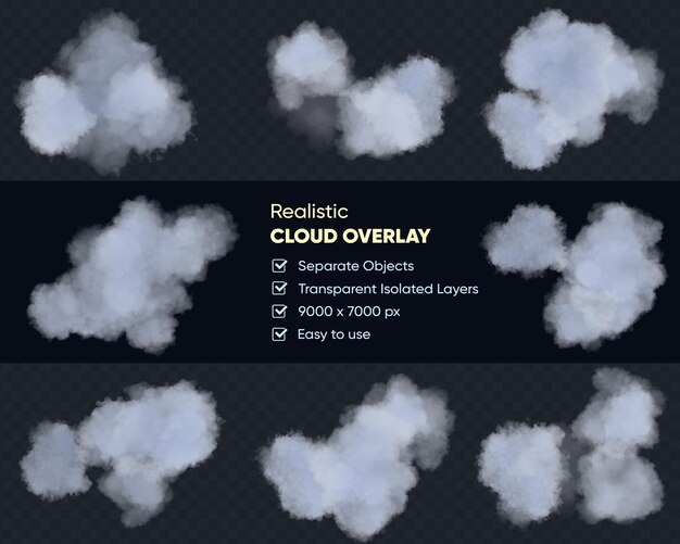 realistic set of white isolated fluffy clouds on the transparent background. 3d rendering
