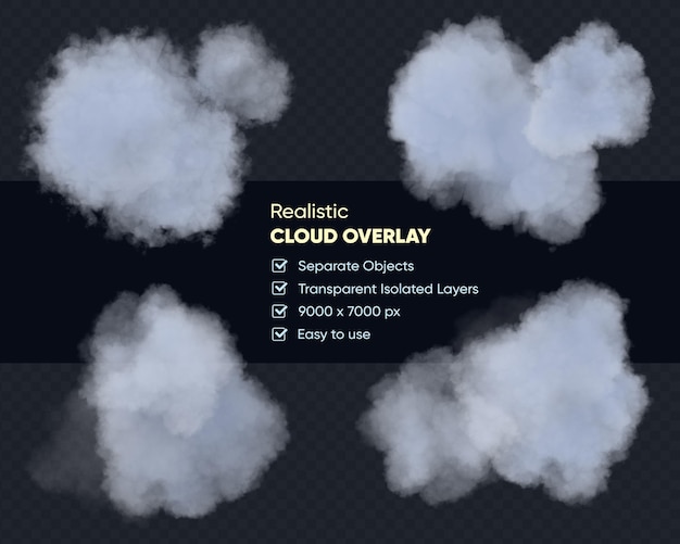 PSD Реалистичный набор белых изолированных пушистых облаков на прозрачном фоне. 3d визуализация