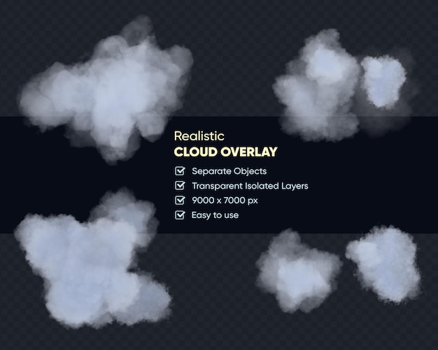 realistic set of white isolated fluffy clouds on the transparent background. 3d rendering