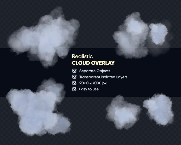 PSD 透明な背景に白い孤立したふわふわした雲のリアルなセット。 3d レンダリング