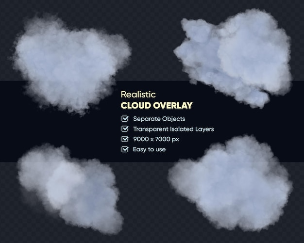realistic set of white isolated fluffy clouds on the transparent background. 3d rendering