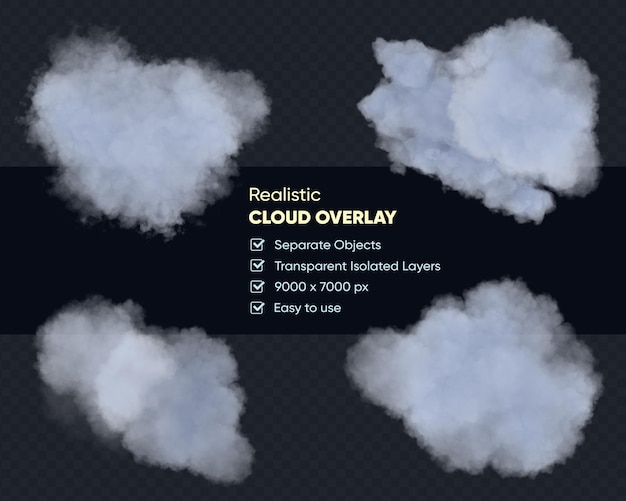 透明な背景に白い孤立したふわふわした雲のリアルなセット。 3d レンダリング