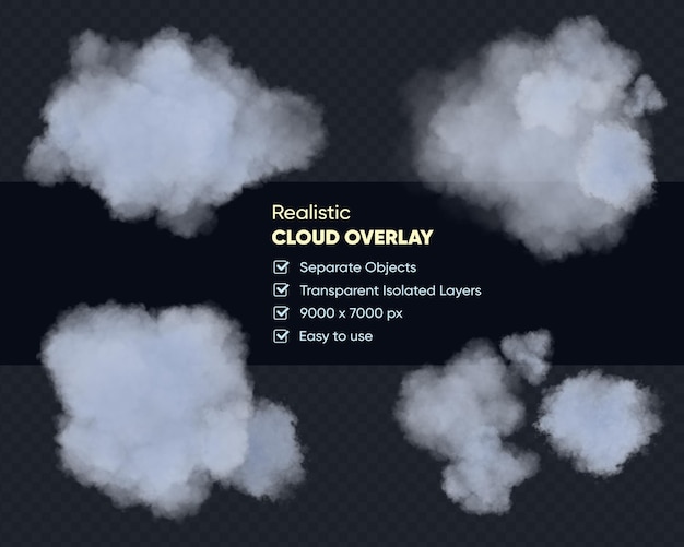 realistic set of white isolated fluffy clouds on the transparent background. 3d rendering