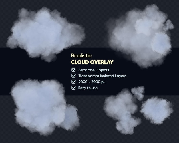 PSD 透明な背景に白い孤立したふわふわした雲のリアルなセット。 3d レンダリング