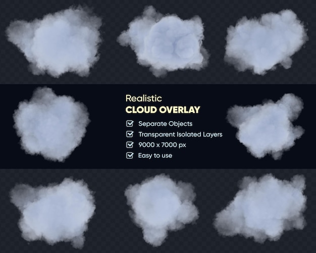 realistic set of white isolated fluffy clouds on the transparent background. 3d rendering