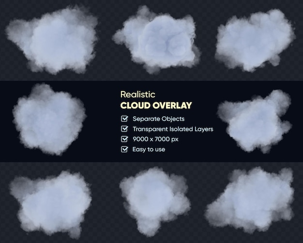 PSD 透明な背景に白い孤立したふわふわした雲のリアルなセット。 3d レンダリング