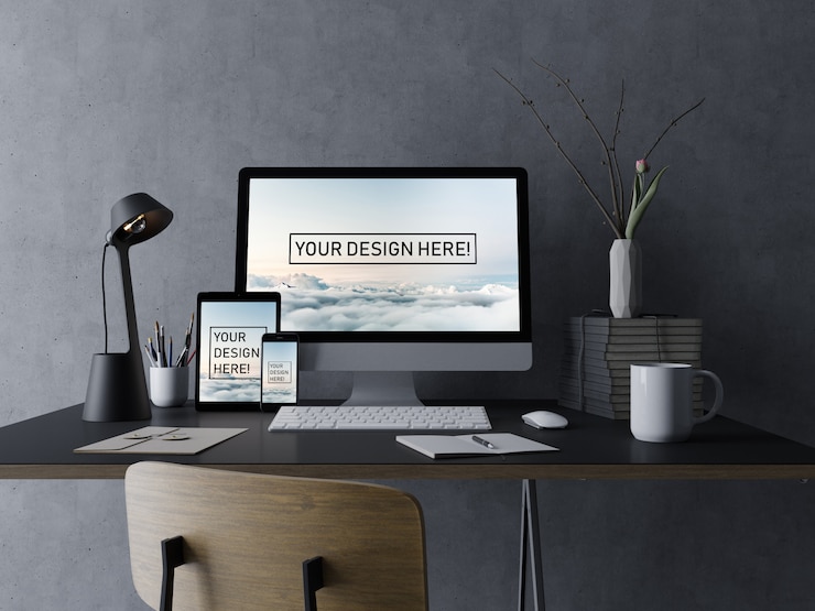 PSD realistic set pc desktop, tablet pad, and phone mockup design template with editable display in black minimal interior
