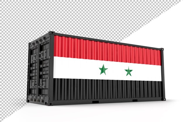 Realistic shipping container textured with flag of syria. isolated. 3d rendering