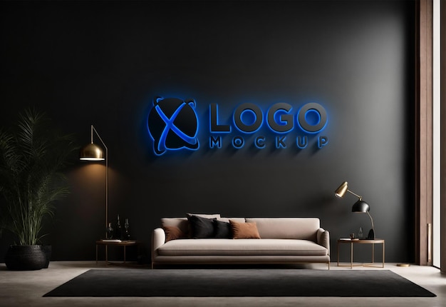 PSD mockup del logo realistico a neon a luce blu nera