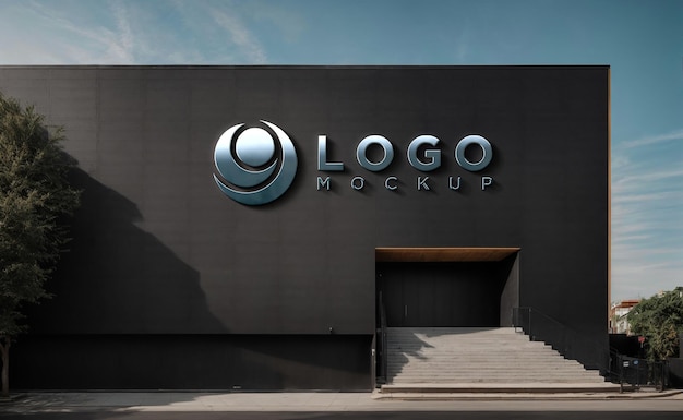 Realistic sign chrome black building company logo mockup