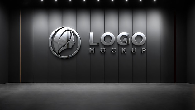 PSD realistic sign chrome metallic elegant black wall logo mockup