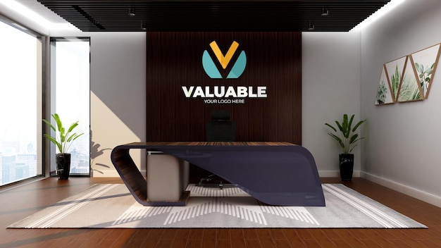 Realistic sign company logo mockup in the office reception room