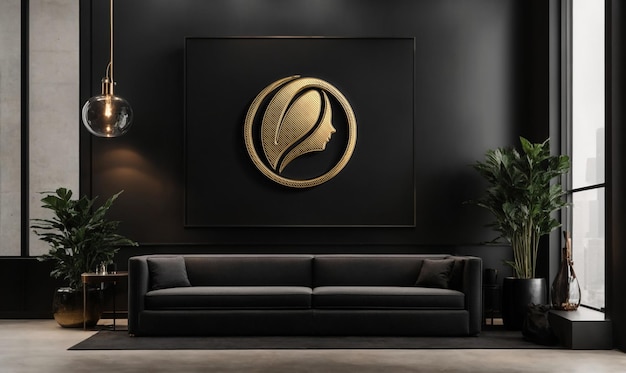 PSD Реалистичный знак золотой металлической черной стены мокет логотипа