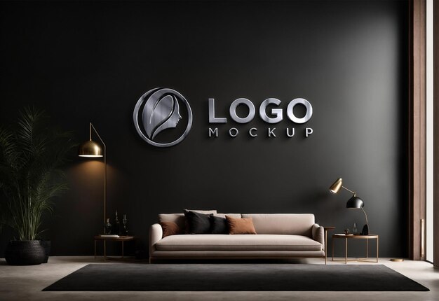 Realistic sign silver chrome black wall logo mockup