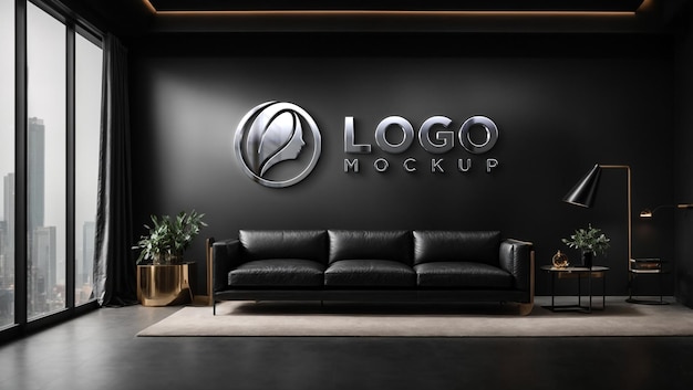 PSD realistic sign silver chrome elegant black wall logo mockup