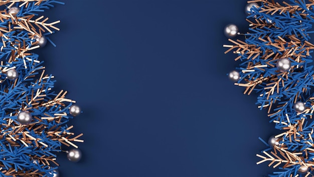 PSD realistic silver baubles with leaves decorated blue background and copy space 3d render