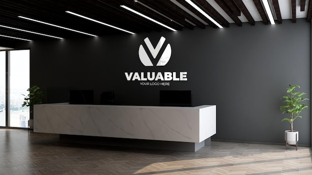 PSD realistic silver company logo mockup in office front desk or receptionist with black wall