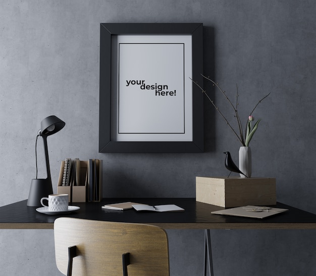 Realistic Single Poster Frame Mockup Design Template Hanging Portrait On Concrete Wall In Modern Black Workspace