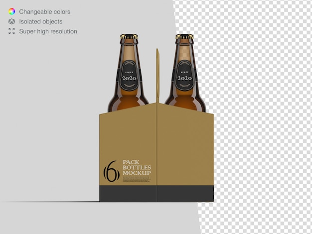 PSD modello realistico di mockup di bottiglia di birra da sei pack