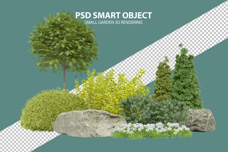 PSD реалистичный небольшой сад 3d-рендеринга изолированных объектов