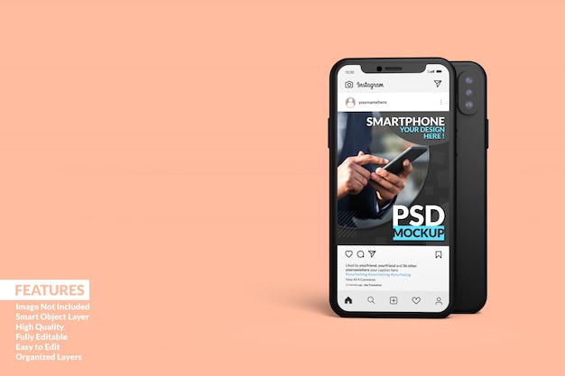 Realistic smartphone featuring instagram post template premium