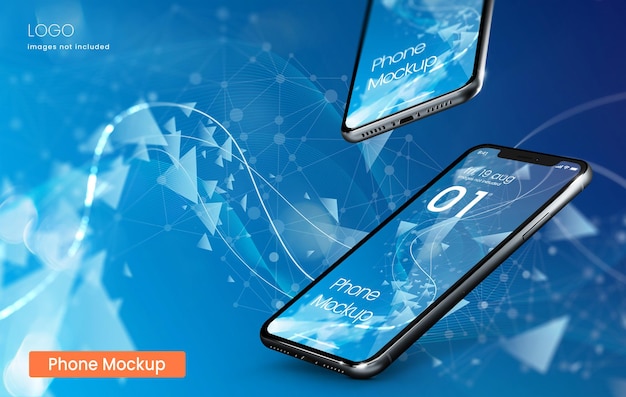 Mockup realistico per smartphone di due telefoni su sfondo geometrico blu