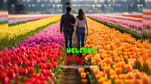 PSD realistic spring floral frame welcome spring