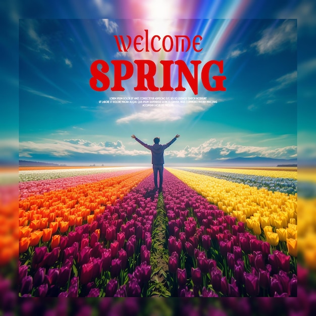 PSD Реалистичная весенняя цветочная рамка приветствует весну