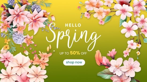 PSD realistic spring sale background with colorful flowers