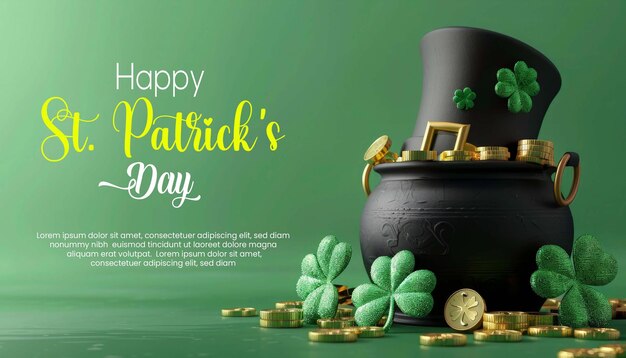 Realistic st patricks day template green background with leprechauns cap and shamrocks