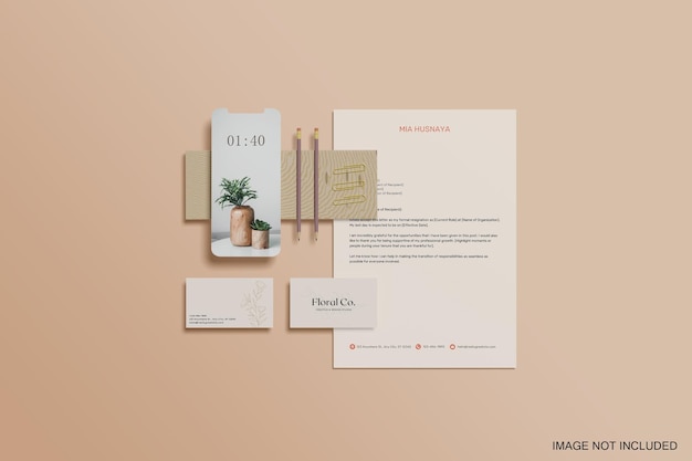 PSD realistic stationery branding mockup top view