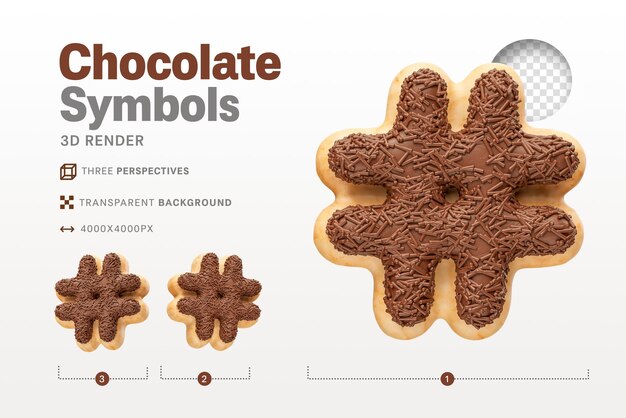 Hashtag simbolo realistico a forma di ciambelle al cioccolato in 3d render con sfondo trasparente