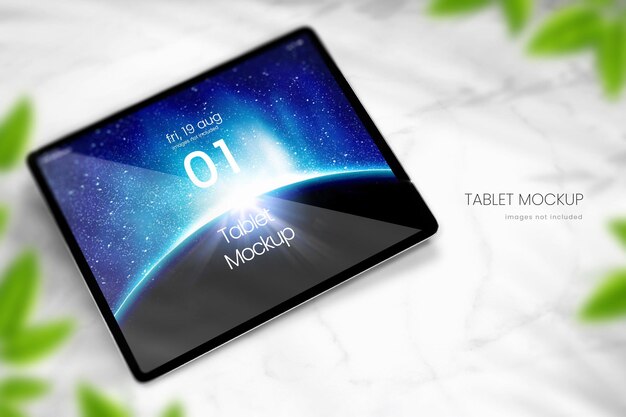 PSD realistic tablet mockup on white marble surface