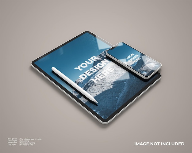 Realistic tablet mockup with smartphone and stylus looks left view