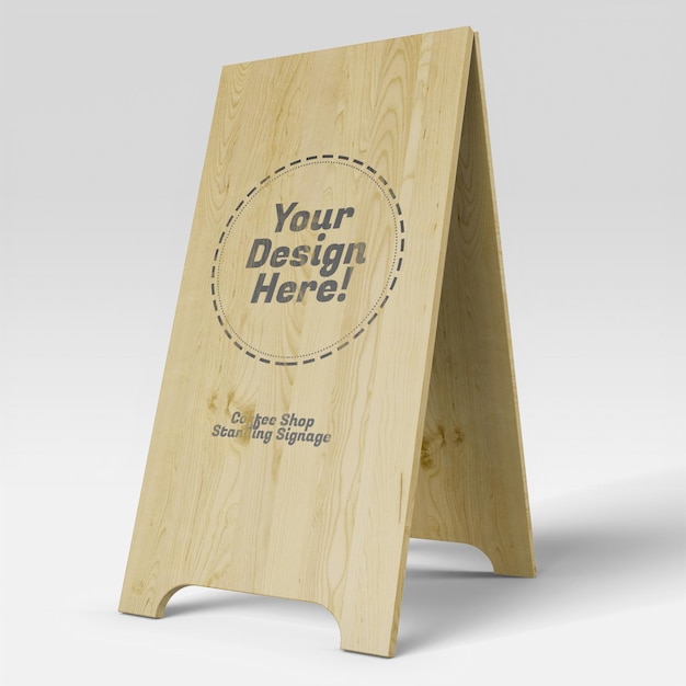 PSD realistic tall coffee shop standing wooden signboard mockup