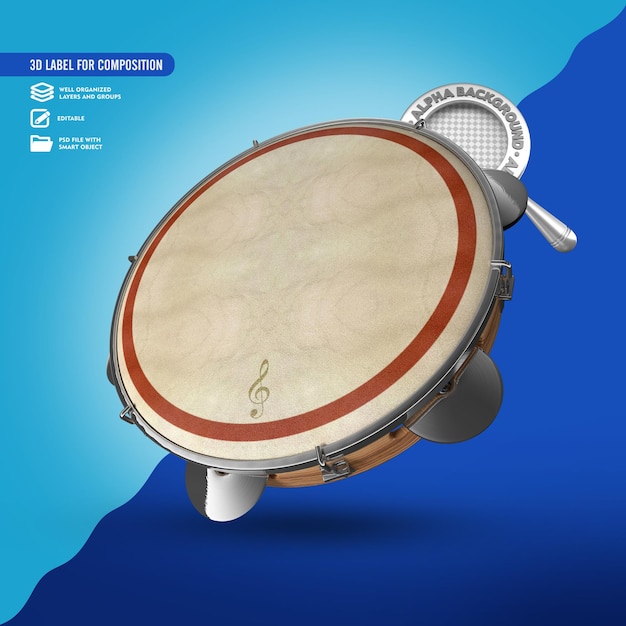 PSD realistic tambourine leather skin 3d illustration premium psd