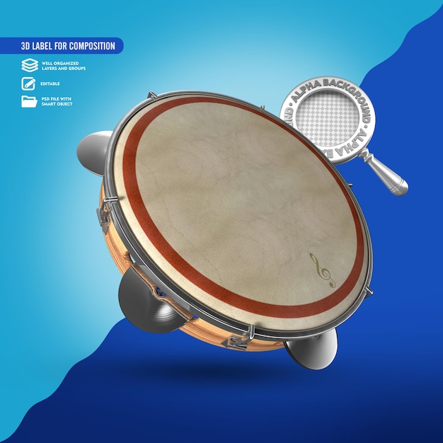 Illustrazione 3d realistica della pelle del tamburello psd premium