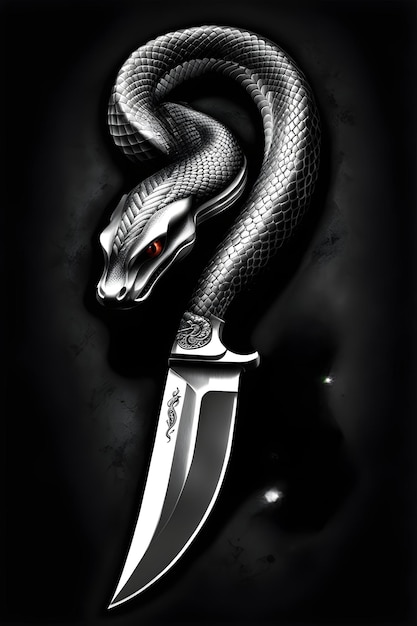 Disegno realistico del tatuaggio di un coltello con un serpente con sfondo nero