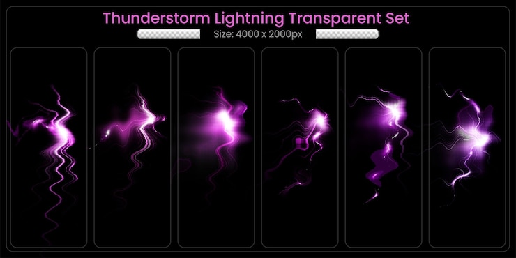 PSD realistic thunderstorm lightning transparent set