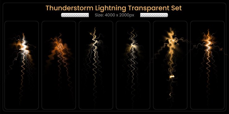 PSD realistic thunderstorm lightning transparent set