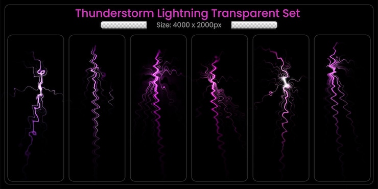 PSD realistic thunderstorm lightning transparent set