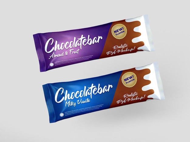 Realistic two chocolate bar snack glossy doff packaging mockup